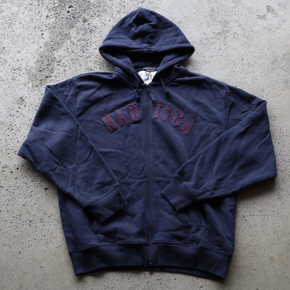 Nautica Full Zip Hoodie Mens Size XL Navy Blue Arch Spellout Logo Sweatshirt
